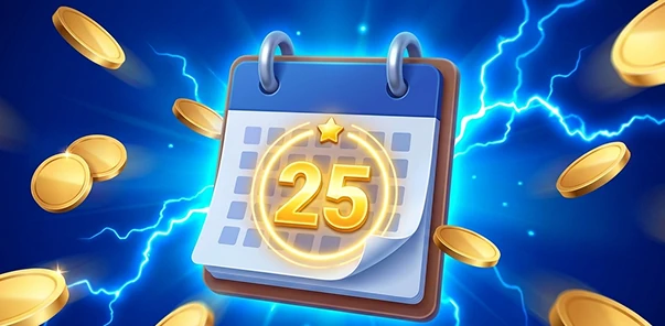 Календарь с числом 25 и монетами, бонус 1xbet