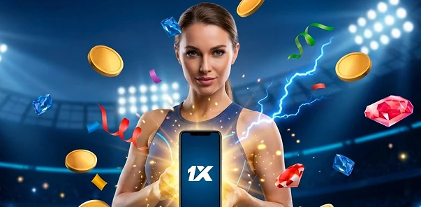 Женщина с телефоном и монетами на синем фоне, реклама 1xbet