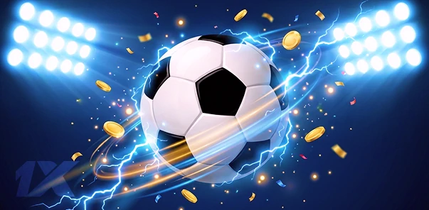 Футбольный мяч с эффектами молнии и монетами, спорт 1xbet