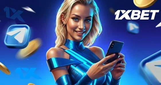 Женщина с телефоном на синем фоне, реклама 1xbet