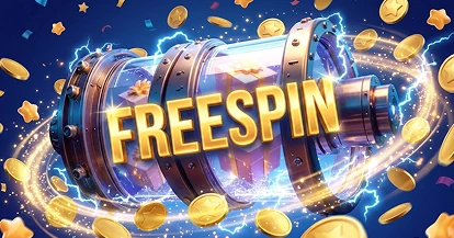 Бочка с надписью Freespin и золотыми монетами, акция 1xbet